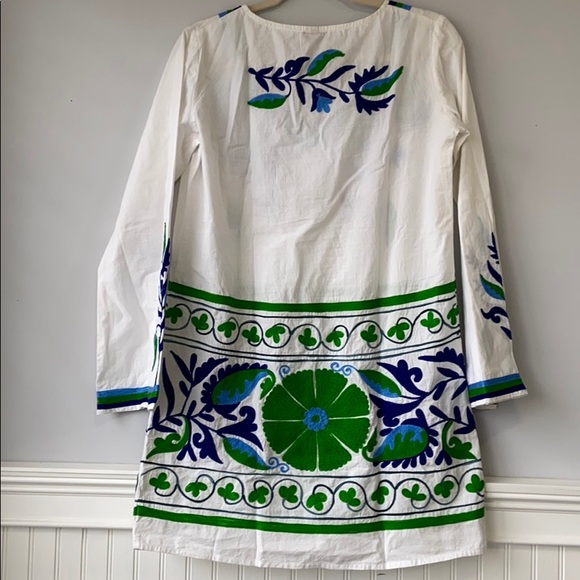 Boho Handmade Mini Dress Embroidered S/M 100%cotton Kelly Green/Blue Retail $208 - Picture 10 of 14